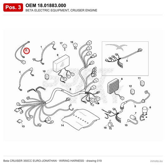 BETA ELECTRIC EQUIPMENT, CRUISER ENGINE – OEM 18.01883.000, position 3 on the Beta CRUISER 350CC EURO-JONATHAN wiring harness drawing