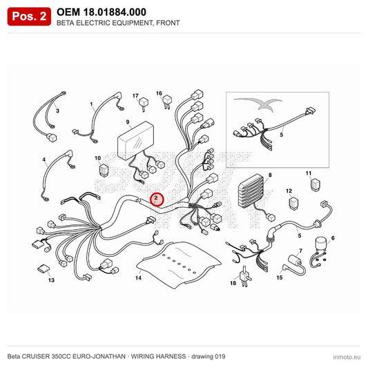 BETA ELECTRIC EQUIPMENT, FRONT – OEM 18.01884.000, position 2 on the Beta CRUISER 350CC EURO-JONATHAN wiring harness drawing