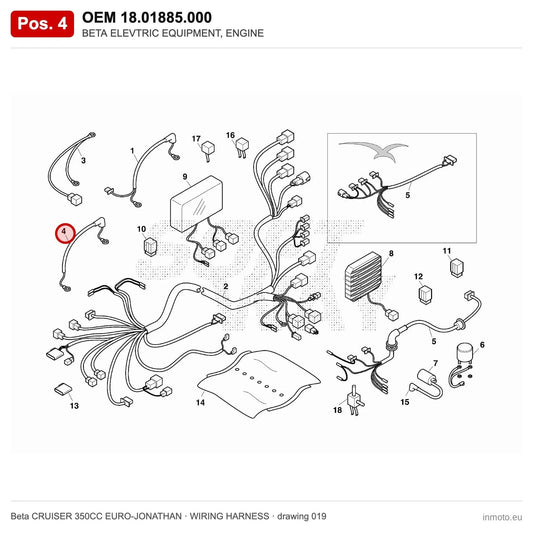 BETA ELEVTRIC EQUIPMENT, ENGINE – OEM 18.01885.000, position 4 on the Beta CRUISER 350CC EURO-JONATHAN wiring harness drawing