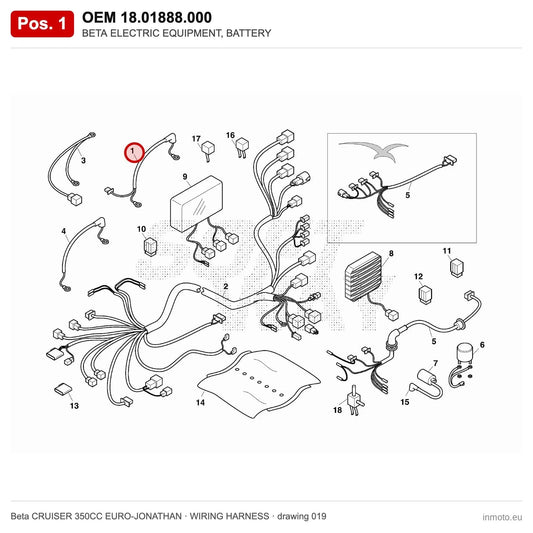 BETA ELECTRIC EQUIPMENT, BATTERY – OEM 18.01888.000, position 1 on the Beta CRUISER 350CC EURO-JONATHAN wiring harness drawing