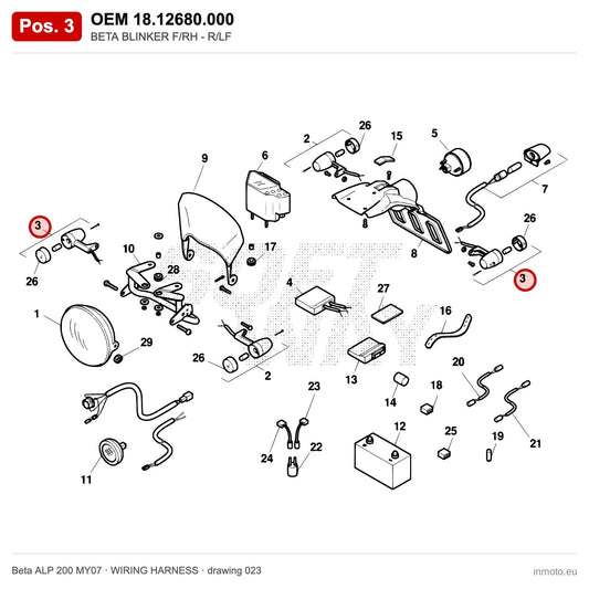 BETA BLINKER F/RH - R/LF – OEM 18.12680.000, position 3 on the Beta ALP 200 MY07 wiring harness drawing