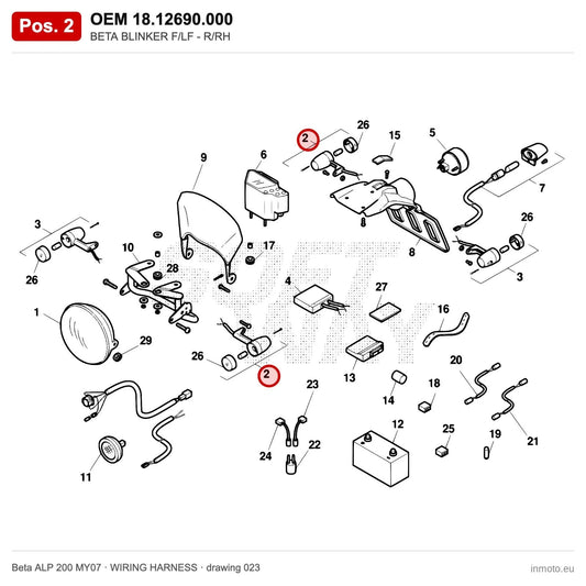 BETA BLINKER F/LF - R/RH – OEM 18.12690.000, position 2 on the Beta ALP 200 MY07 wiring harness drawing