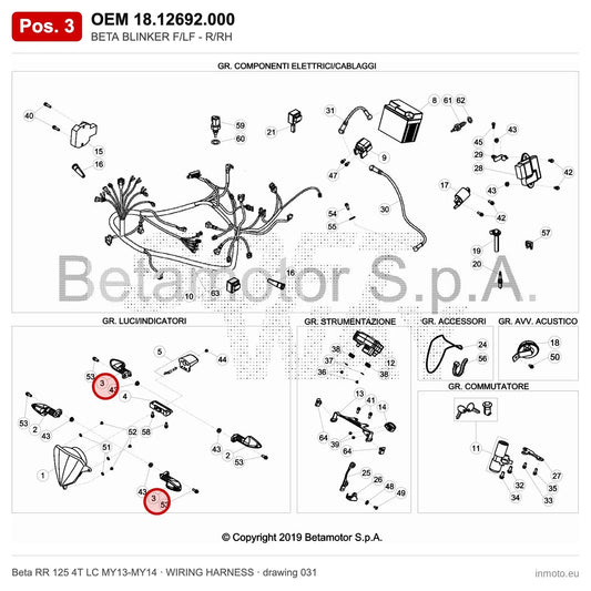 BETA BLINKER F/LF - R/RH – OEM 18.12692.000, position 3 on the Beta RR 125 4T LC MY13-MY14 wiring harness drawing