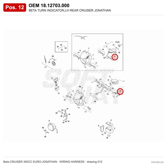 BETA TURN INDICATOR,LH REAR CRUISER JONATHAN – OEM 18.12703.000, position 12 on the Beta CRUISER 350CC EURO-JONATHAN wiring harness drawing