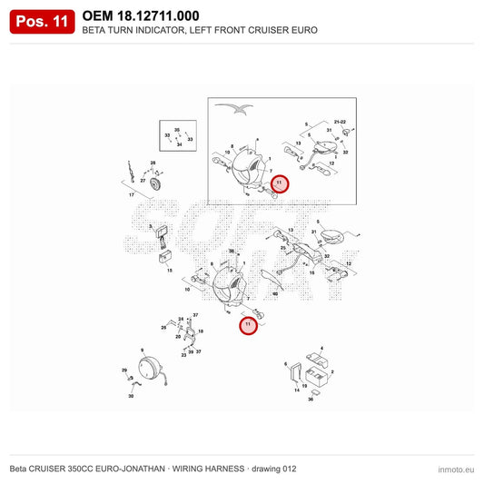 BETA TURN INDICATOR, LEFT FRONT CRUISER EURO – OEM 18.12711.000, position 11 on the Beta CRUISER 350CC EURO-JONATHAN wiring harness drawing