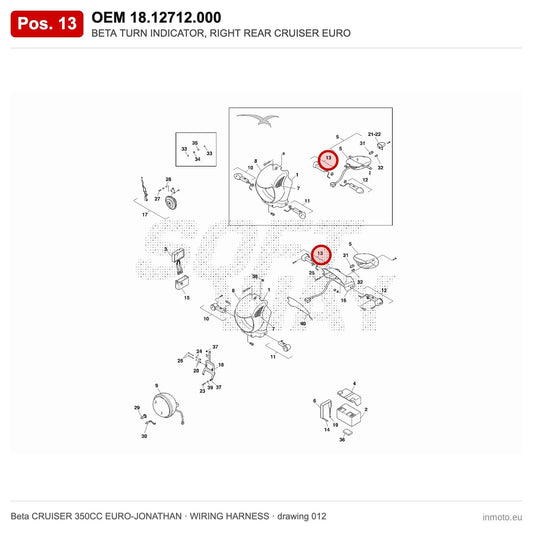 BETA TURN INDICATOR, RIGHT REAR CRUISER EURO – OEM 18.12712.000, position 13 on the Beta CRUISER 350CC EURO-JONATHAN wiring harness drawing
