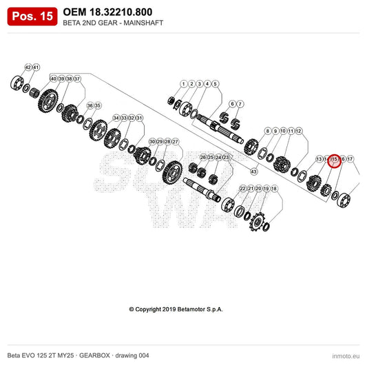 BETA 2ND GEAR - MAINSHAFT – OEM 18.32210.800, position 15 on the Beta EVO 125 2T MY25 gearbox drawing