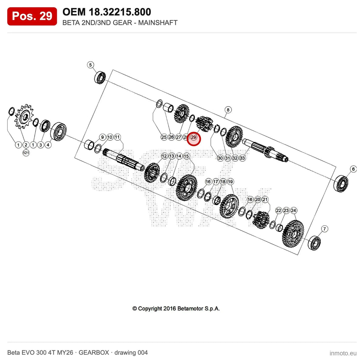 BETA 2ND/3ND GEAR - MAINSHAFT – OEM 18.32215.800, position 29 on the Beta EVO 300 4T MY26 gearbox drawing