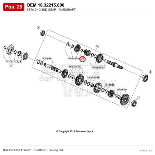 BETA 2ND/3ND GEAR - MAINSHAFT – OEM 18.32215.800, position 29 on the Beta EVO 300 4T MY26 gearbox drawing