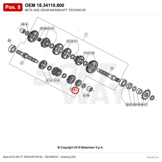 BETA 2ND GEAR-MAINSHAFT TECHNO-50 – OEM 18.34110.800, position 8 on the Beta EVO 80 2T SENIOR MY26 gearbox drawing