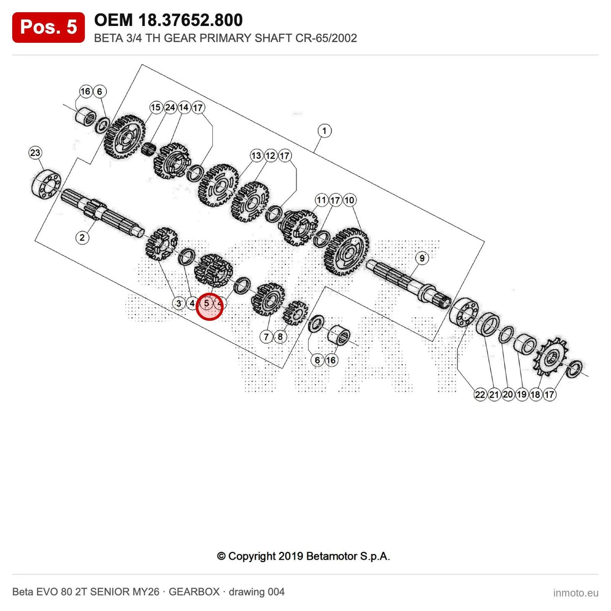 BETA 3/4 TH GEAR PRIMARY SHAFT CR-65/2002 – OEM 18.37652.800, position 5 on the Beta EVO 80 2T SENIOR MY26 gearbox drawing