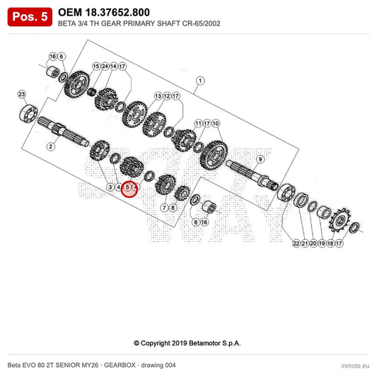 BETA 3/4 TH GEAR PRIMARY SHAFT CR-65/2002 – OEM 18.37652.800, position 5 on the Beta EVO 80 2T SENIOR MY26 gearbox drawing
