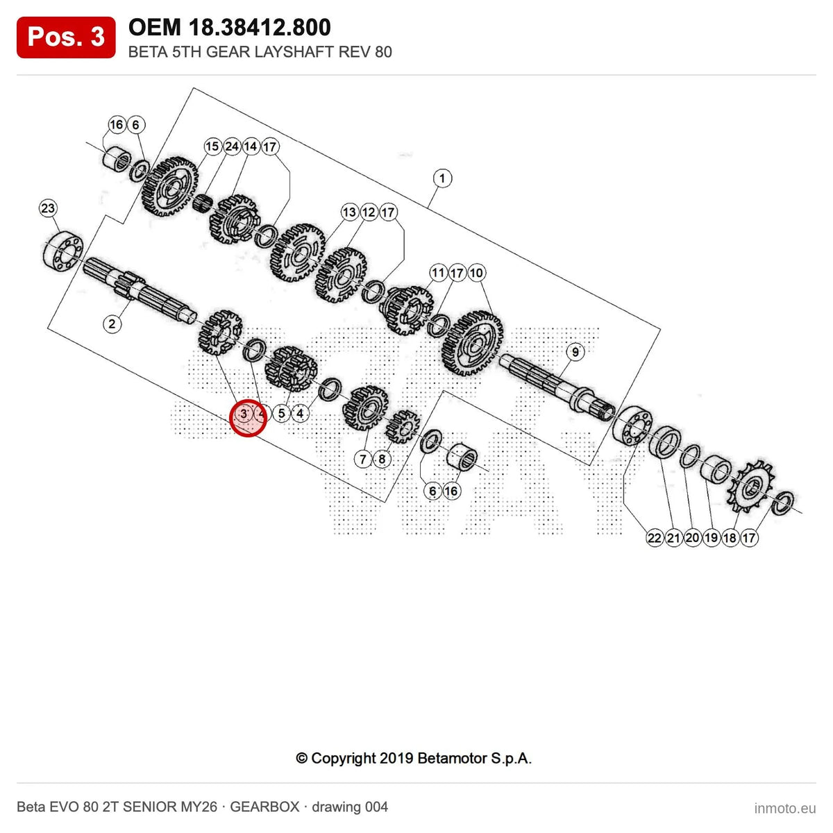 BETA 5TH GEAR LAYSHAFT REV 80 – OEM 18.38412.800, position 3 on the Beta EVO 80 2T SENIOR MY26 gearbox drawing