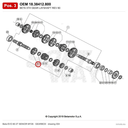BETA 5TH GEAR LAYSHAFT REV 80 – OEM 18.38412.800, position 3 on the Beta EVO 80 2T SENIOR MY26 gearbox drawing