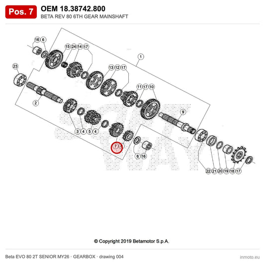 BETA REV 80 6TH GEAR MAINSHAFT – OEM 18.38742.800, position 7 on the Beta EVO 80 2T SENIOR MY26 gearbox drawing