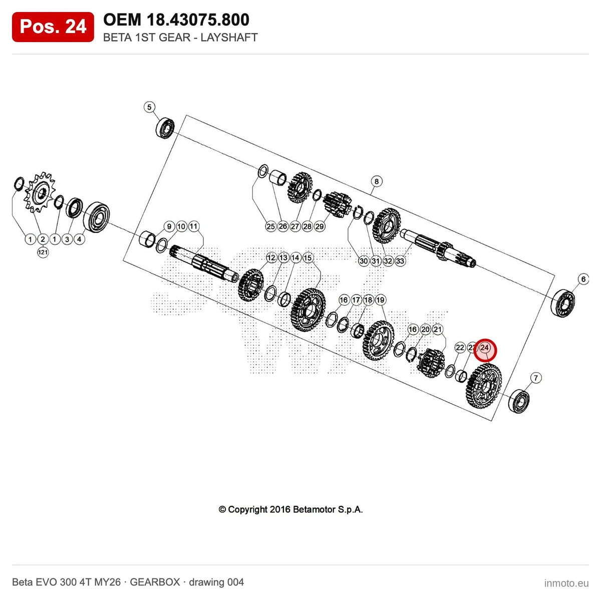 BETA 1ST GEAR - LAYSHAFT – OEM 18.43075.800, position 24 on the Beta EVO 300 4T MY26 gearbox drawing