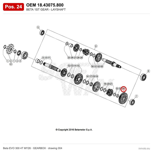 BETA 1ST GEAR - LAYSHAFT – OEM 18.43075.800, position 24 on the Beta EVO 300 4T MY26 gearbox drawing