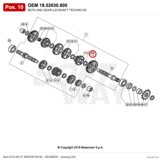 BETA 2ND GEAR-LAYSHAFT TECHNO-50 – OEM 18.52030.800, position 10 on the Beta EVO 80 2T SENIOR MY26 gearbox drawing