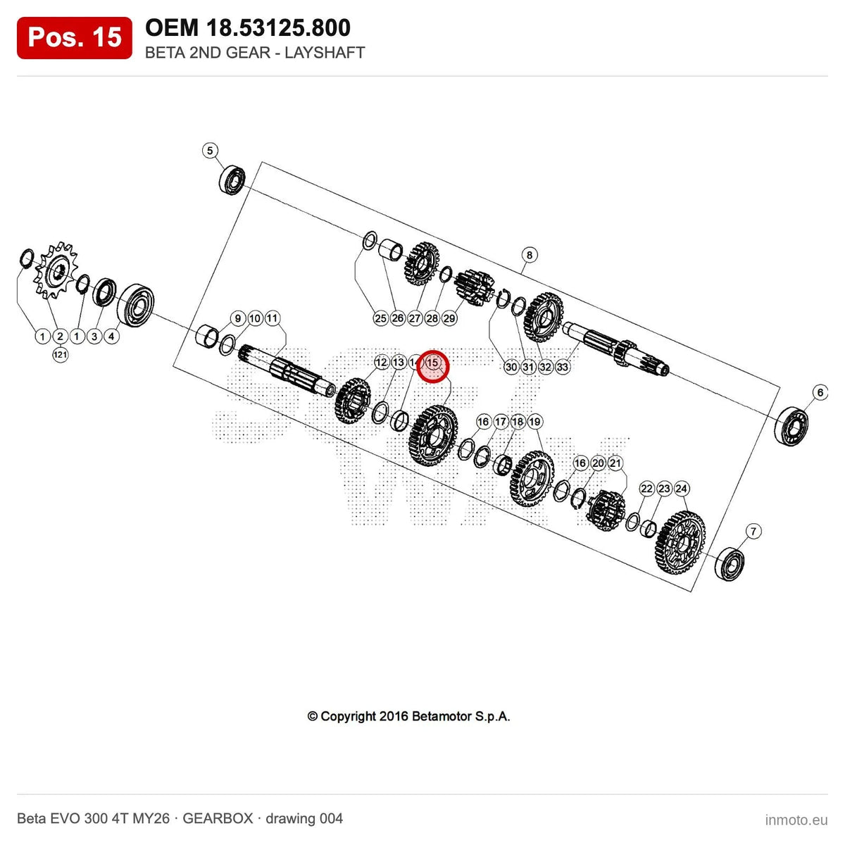 BETA 2ND GEAR - LAYSHAFT – OEM 18.53125.800, position 15 on the Beta EVO 300 4T MY26 gearbox drawing