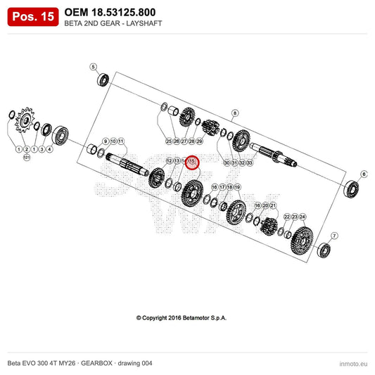 BETA 2ND GEAR - LAYSHAFT – OEM 18.53125.800, position 15 on the Beta EVO 300 4T MY26 gearbox drawing
