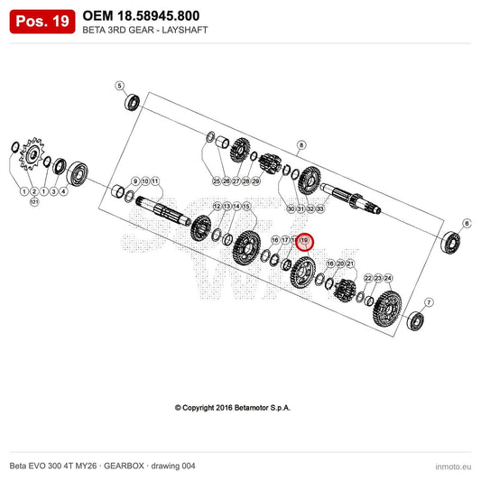 BETA 3RD GEAR - LAYSHAFT – OEM 18.58945.800, position 19 on the Beta EVO 300 4T MY26 gearbox drawing