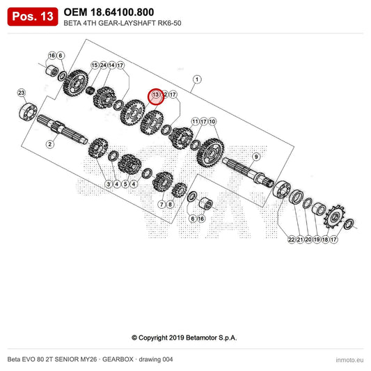 BETA 4TH GEAR-LAYSHAFT RK6-50 – OEM 18.64100.800, position 13 on the Beta EVO 80 2T SENIOR MY26 gearbox drawing