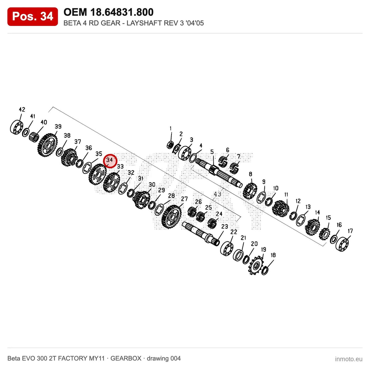 BETA 4 RD GEAR - LAYSHAFT REV 3 '04'05 – OEM 18.64831.800, position 34 on the Beta EVO 300 2T FACTORY MY11 gearbox drawing