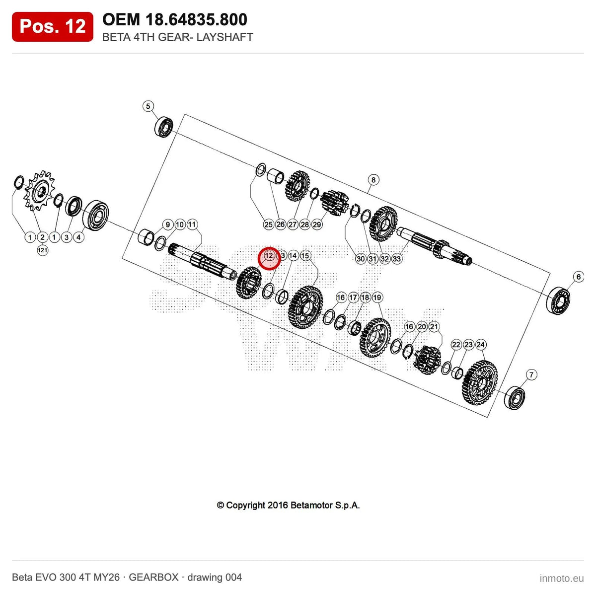 BETA 4TH GEAR- LAYSHAFT – OEM 18.64835.800, position 12 on the Beta EVO 300 4T MY26 gearbox drawing