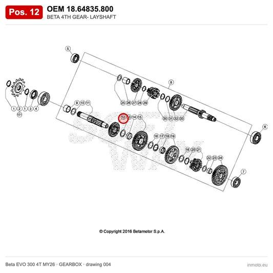 BETA 4TH GEAR- LAYSHAFT – OEM 18.64835.800, position 12 on the Beta EVO 300 4T MY26 gearbox drawing