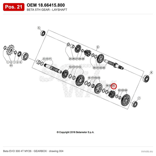 BETA 5TH GEAR - LAYSHAFT – OEM 18.66415.800, position 21 on the Beta EVO 300 4T MY26 gearbox drawing