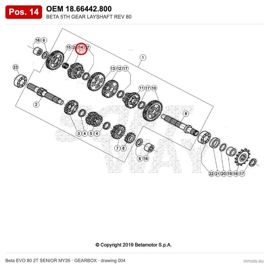 BETA 5TH GEAR LAYSHAFT REV 80 – OEM 18.66442.800, position 14 on the Beta EVO 80 2T SENIOR MY26 gearbox drawing