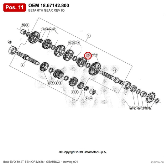 BETA 6TH GEAR REV 80 – OEM 18.67142.800, position 11 on the Beta EVO 80 2T SENIOR MY26 gearbox drawing