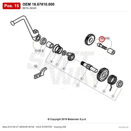 BETA GEAR – OEM 18.67810.000, position 15 on the Beta EVO 80 2T SENIOR MY26 kick starter drawing