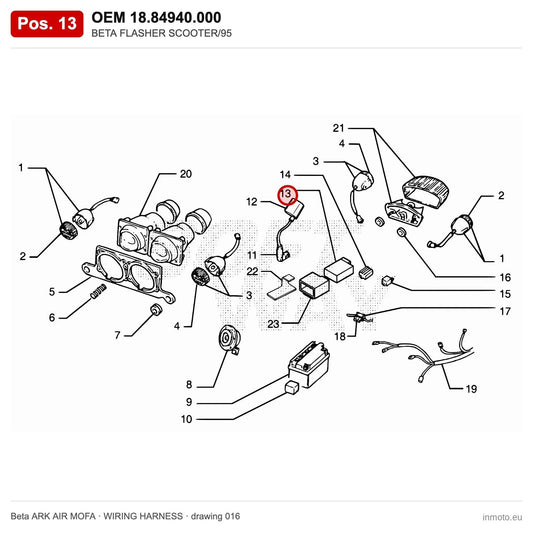 BETA FLASHER SCOOTER/95 – OEM 18.84940.000, position 13 on the Beta ARK AIR MOFA wiring harness drawing