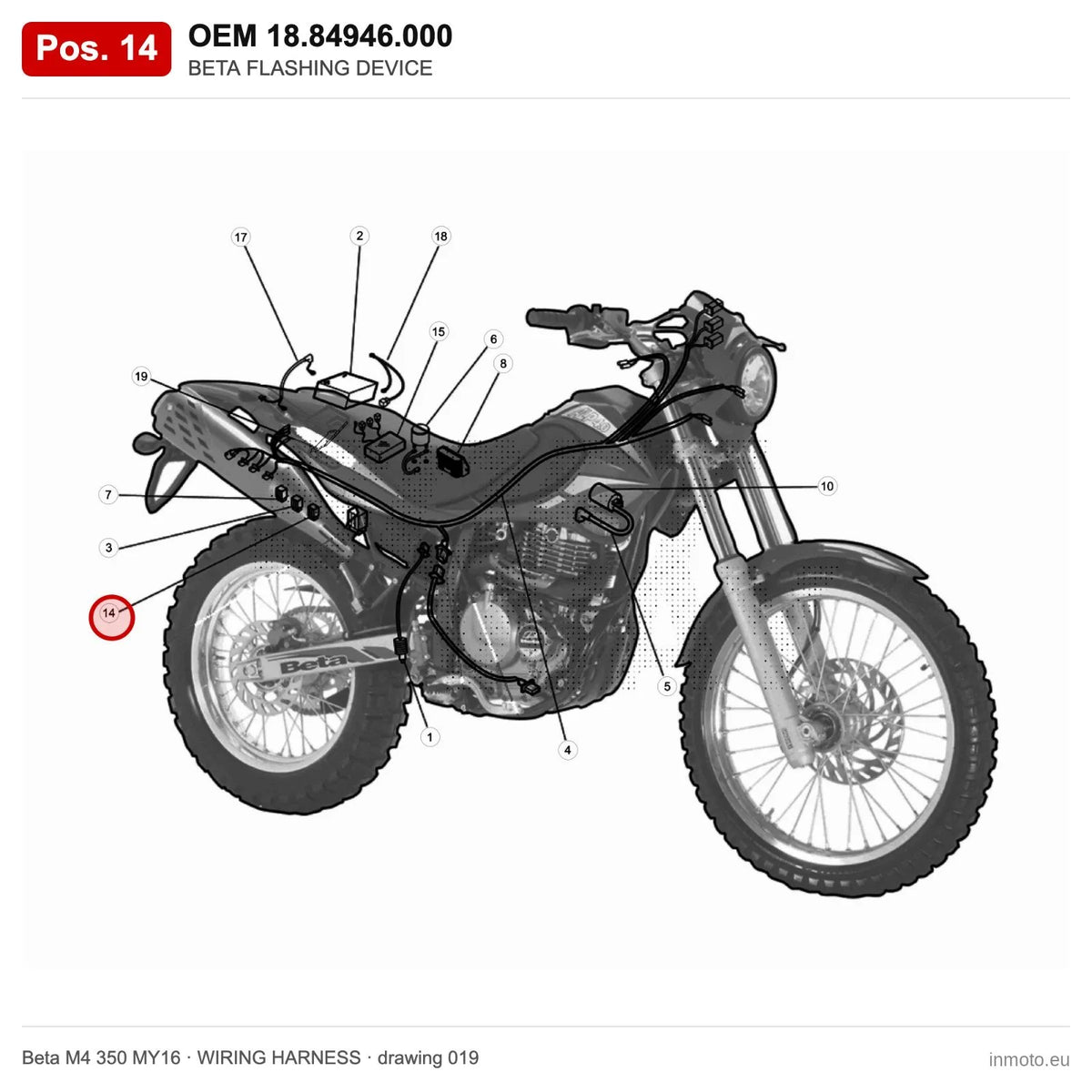 BETA FLASHING DEVICE – OEM 18.84946.000, position 14 on the Beta M4 350 MY16 wiring harness drawing