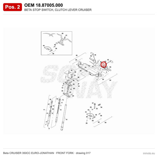 BETA STOP SWITCH, CLUTCH LEVER CRUISER – OEM 18.87005.000, position 2 on the Beta CRUISER 350CC EURO-JONATHAN front fork drawing