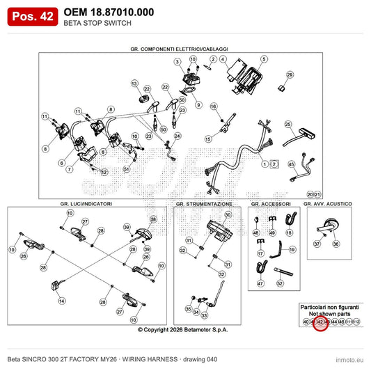 BETA TURN OFF SWITCH – OEM 18.87010.000, position 42 on the Beta SINCRO 300 2T FACTORY MY26 wiring harness drawing