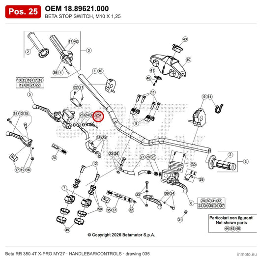 BETA STOP SWITCH, M10 X 1,25 – OEM 18.89621.000, position 25 on the Beta RR 350 4T X-PRO MY27 handlebar/controls drawing