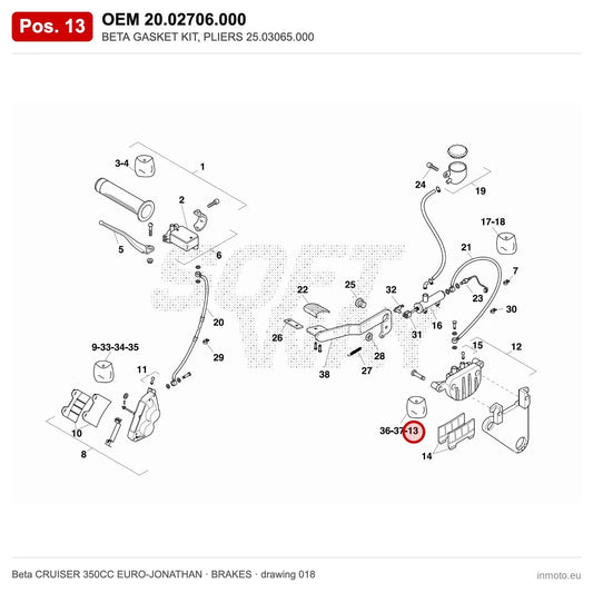 BETA GASKET KIT, PLIERS 25.03065.000 – OEM 20.02706.000, position 13 on the Beta CRUISER 350CC EURO-JONATHAN brakes drawing
