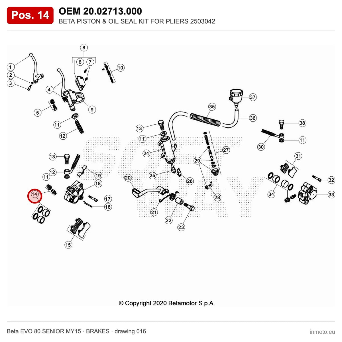 BETA PISTON & OIL SEAL KIT FOR PLIERS 2503042 – OEM 20.02713.000, position 14 on the Beta EVO 80 SENIOR MY15 brakes drawing