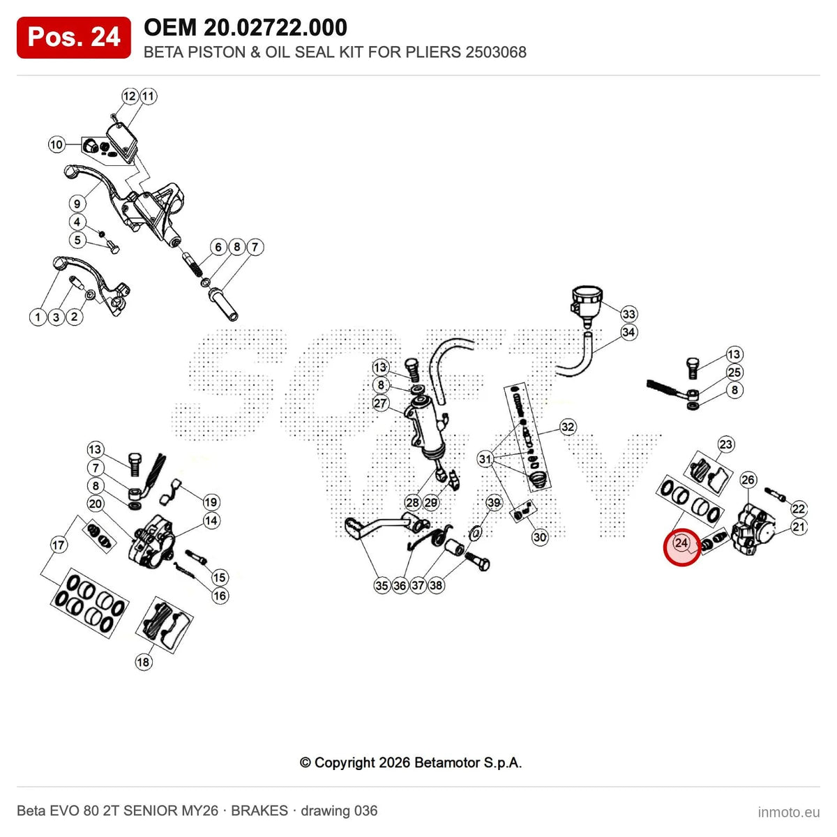 BETA PISTON & OIL SEAL KIT FOR PLIERS 2503068 – OEM 20.02722.000, position 24 on the Beta EVO 80 2T SENIOR MY26 brakes drawing