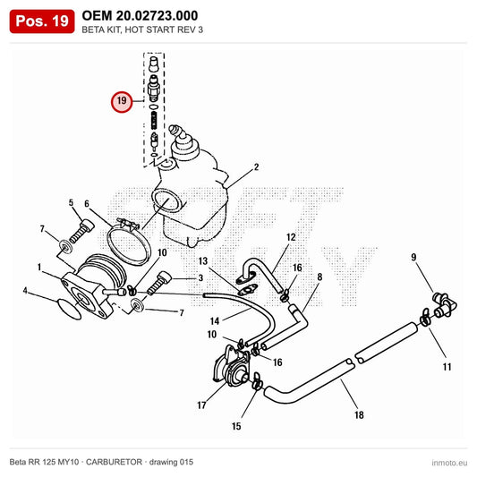 BETA KIT, HOT START REV 3 – OEM 20.02723.000, position 19 on the Beta RR 125 MY10 carburetor drawing