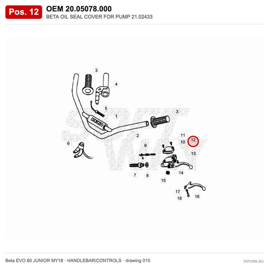 BETA OIL SEAL COVER FOR PUMP 21.02433 – OEM 20.05078.000, position 12 on the Beta EVO 80 JUNIOR MY18 handlebar/controls drawing