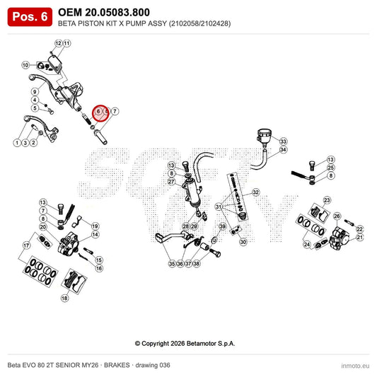 BETA PISTON KIT X PUMP ASSY (2102058/2102428) – OEM 20.05083.800, position 6 on the Beta EVO 80 2T SENIOR MY26 brakes drawing