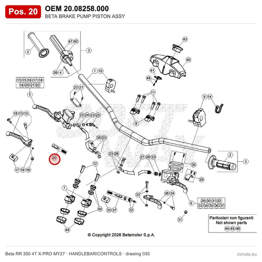 BETA BRAKE PUMP PISTON ASSY – OEM 20.08258.000, position 20 on the Beta RR 350 4T X-PRO MY27 handlebar/controls drawing