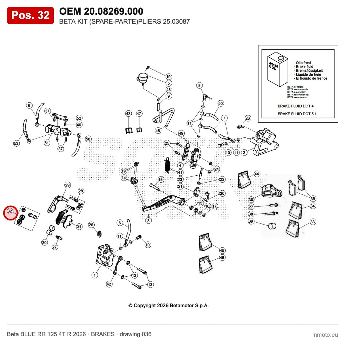 BETA KIT (SPARE-PARTE)PLIERS 25.03087 – OEM 20.08269.000, position 32 on the Beta BLUE RR 125 4T R 2026 brakes drawing
