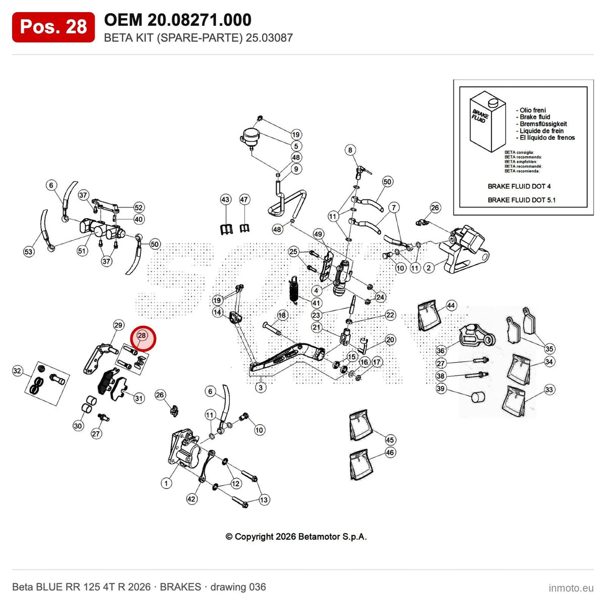 BETA KIT (SPARE-PARTE) 25.03087 – OEM 20.08271.000, position 28 on the Beta BLUE RR 125 4T R 2026 brakes drawing