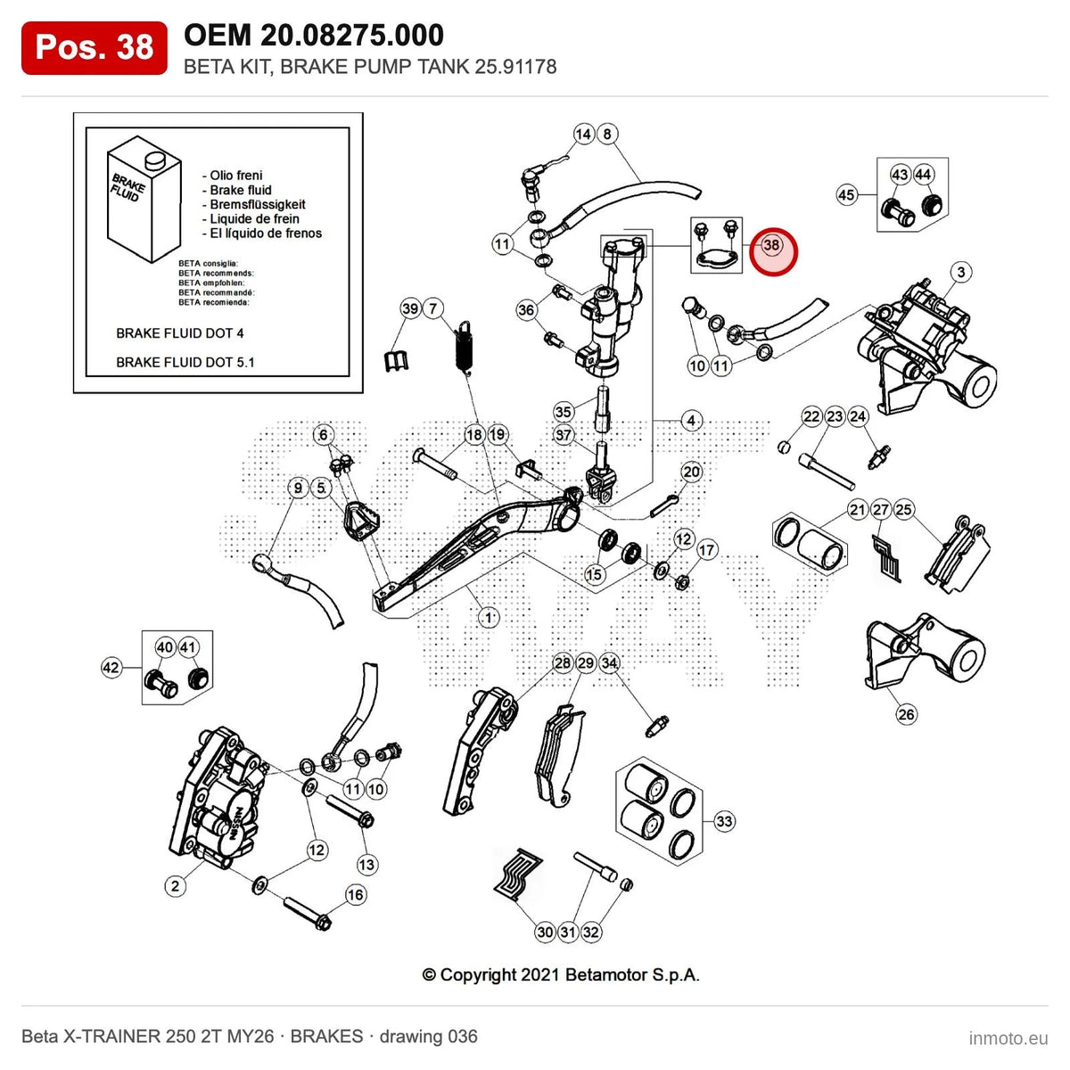 BETA KIT, BRAKE PUMP TANK 25.91178 – OEM 20.08275.000, position 38 on the Beta X-TRAINER 250 2T MY26 brakes drawing