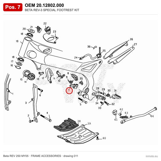 BETA REV-3 SPECIAL FOOTREST KIT – OEM 20.12802.000, position 7 on the Beta REV 250 MY05 frame accessories drawing