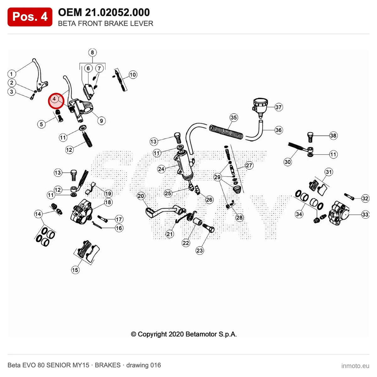 BETA FRONT BRAKE LEVER – OEM 21.02052.000, position 4 on the Beta EVO 80 SENIOR MY15 brakes drawing
